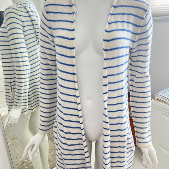 Sea Cashmere White w/Blue Stripe Open Cardigan with Hoodie SZ S - Picture 5 of 10